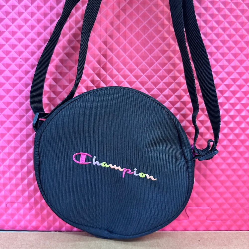 Champion Black Canvas Circular Crossbody Bag Rainbow Ombre Logo Adjustable Strap